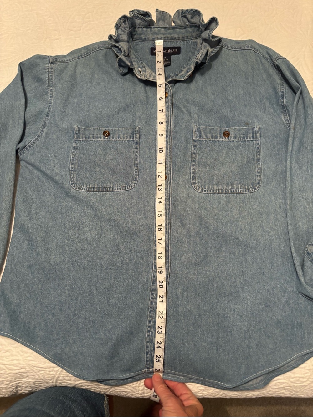 Denim Ruffle Collar Button-Up Shirt - Light Blue remade and one of a kind. B-22